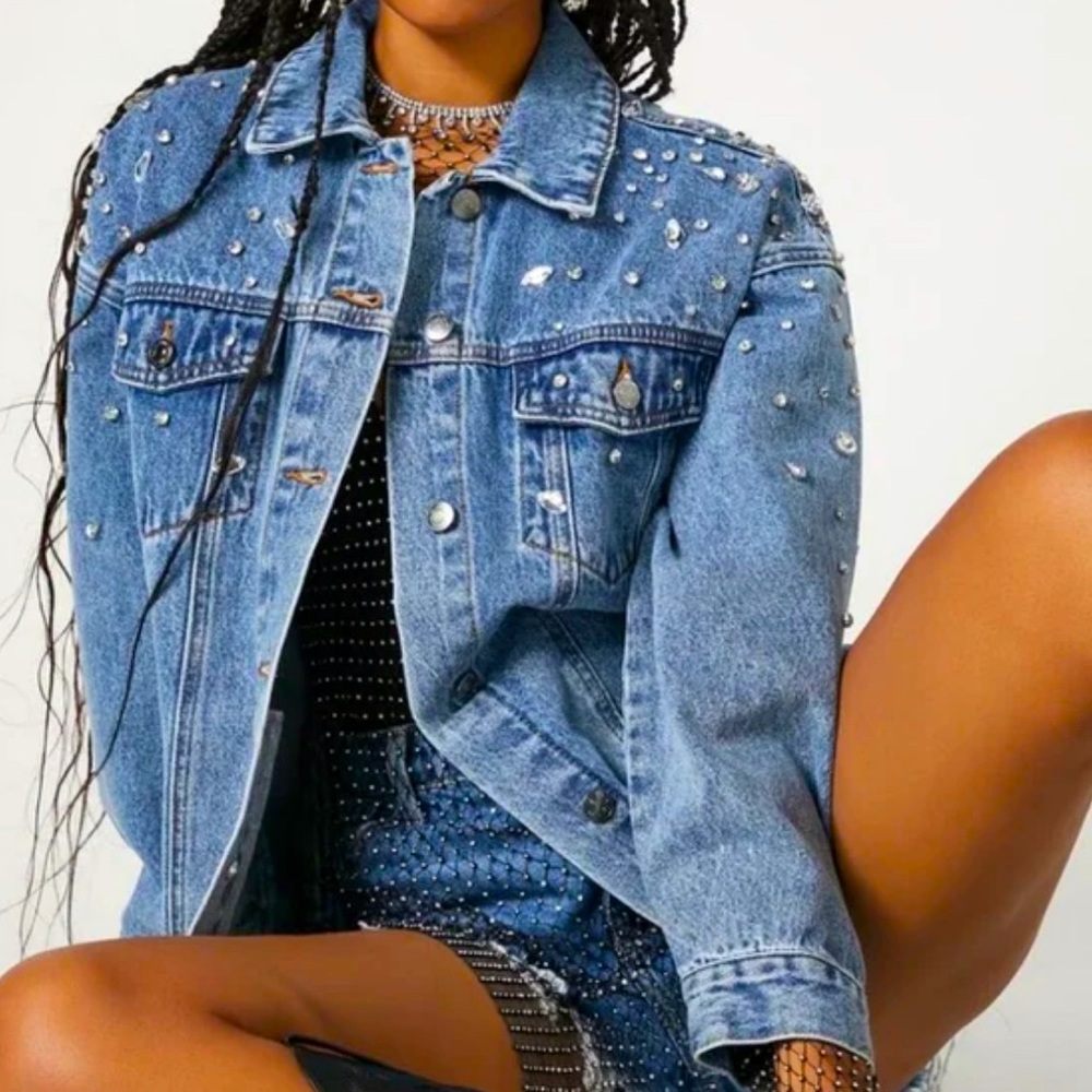 Rhinestone Diamond Oversized Jean Jacket